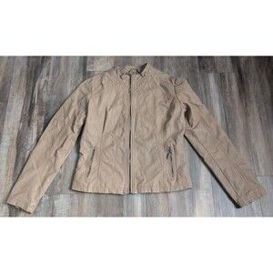 Made By Johnny Jacket Womens Large Tan Faux Leather Moto Zip Pockets English